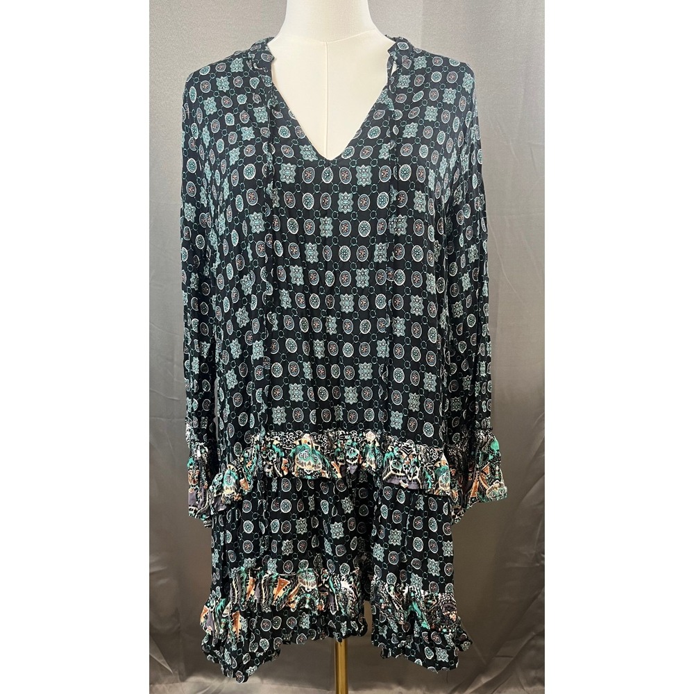 Hippie Boho Ruffle Tunic Dress Small Multicolor High Low Flare Sleeve Rayon